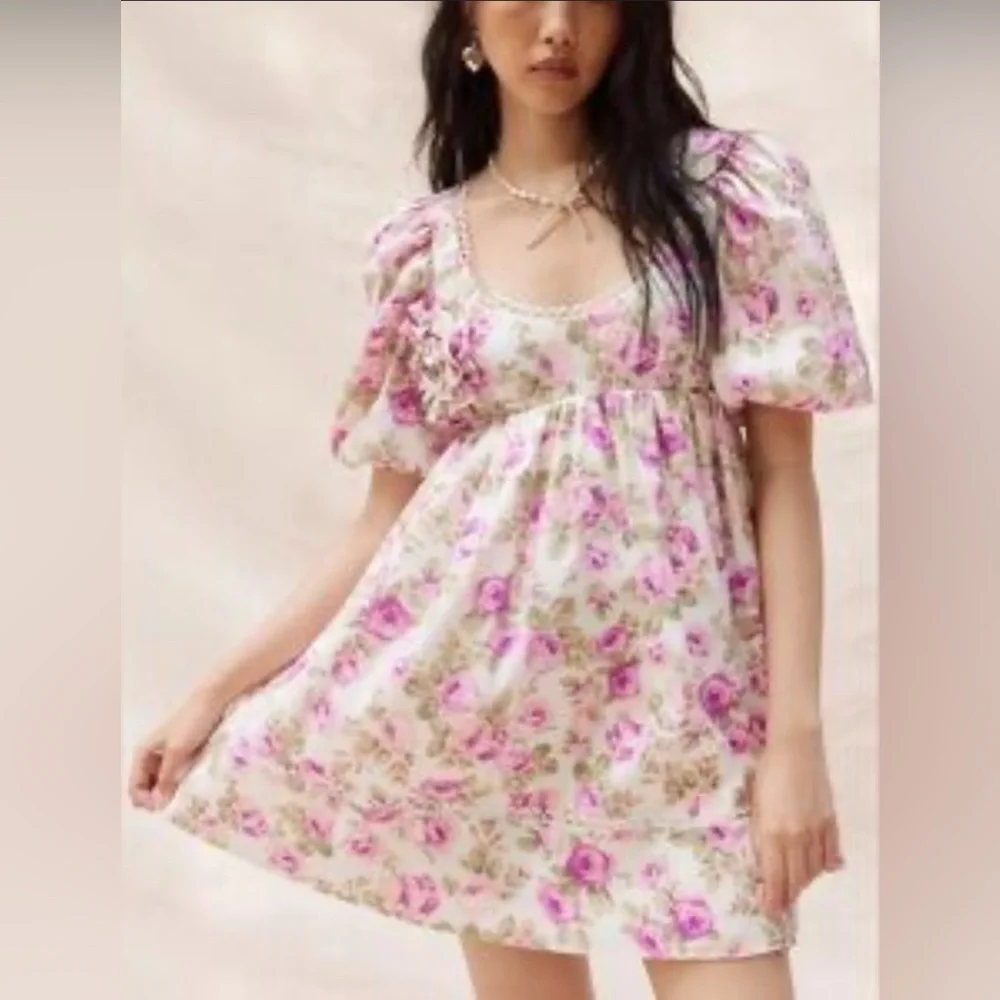 For Love And Lemons Milani Floral Puff Sleeve Mini Dress, White/Multi